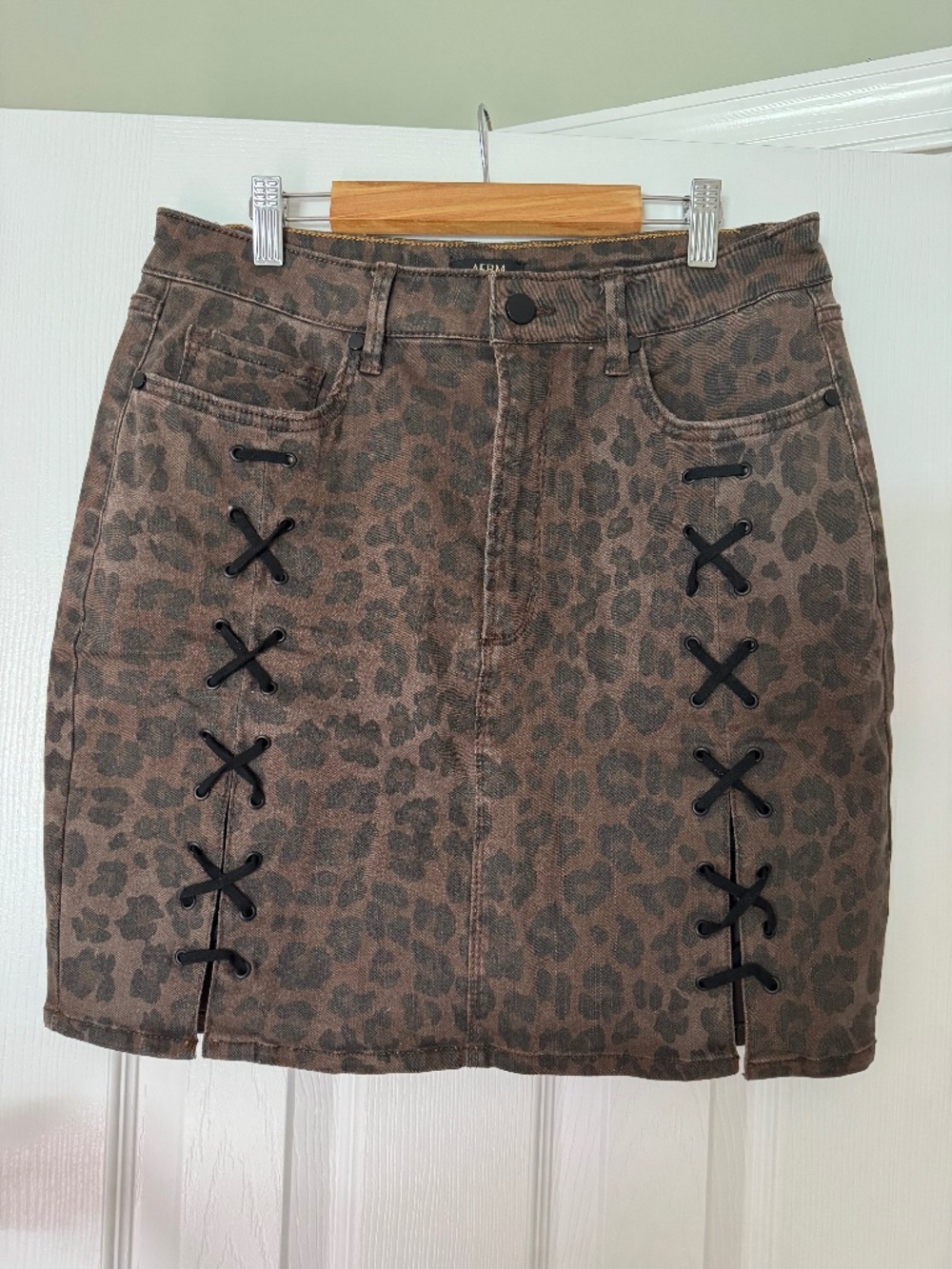 AFRM Animal Print Leopard Denim Mini Skirt size 31 Brown Punk Goth Lace Up